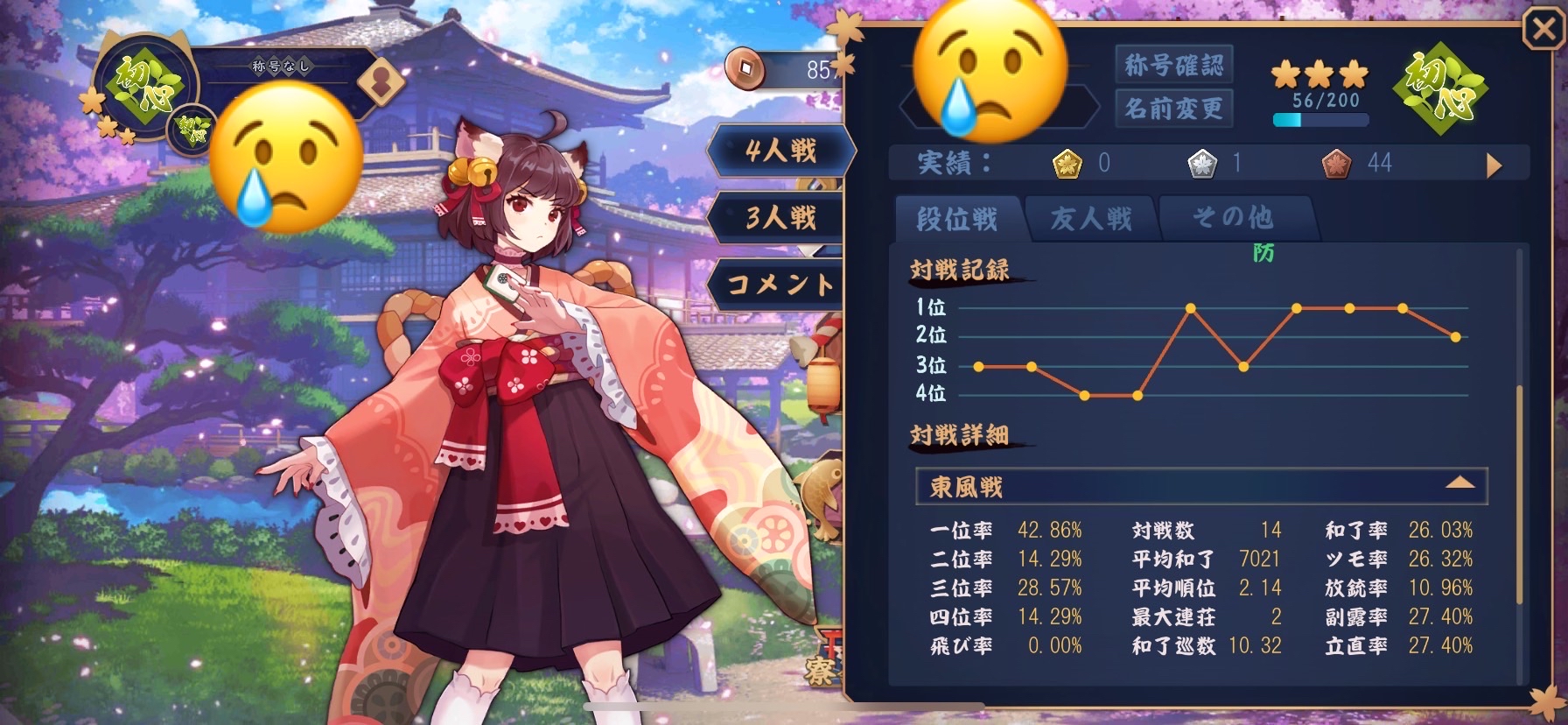 【麻雀】ワイ「雀魂の成績見て」なんJ民「こいつガイジじゃん」\n_1