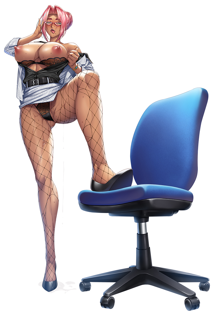 【画像】対魔忍さん、仕事中に全裸でドデカ椅子(キャスター付き)に足乗せ\n_1