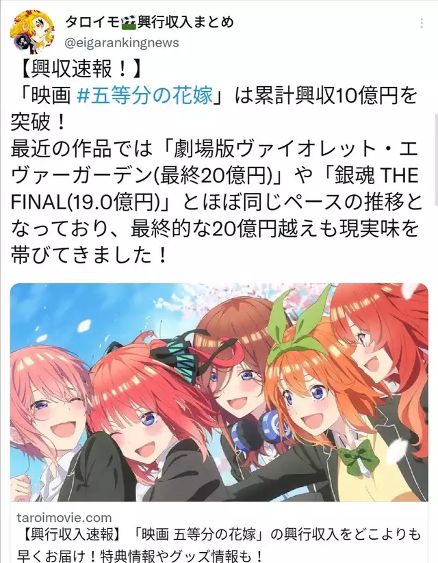【朗報】映画五等分の花嫁、興行収入10億円突破WWWWW\n_1