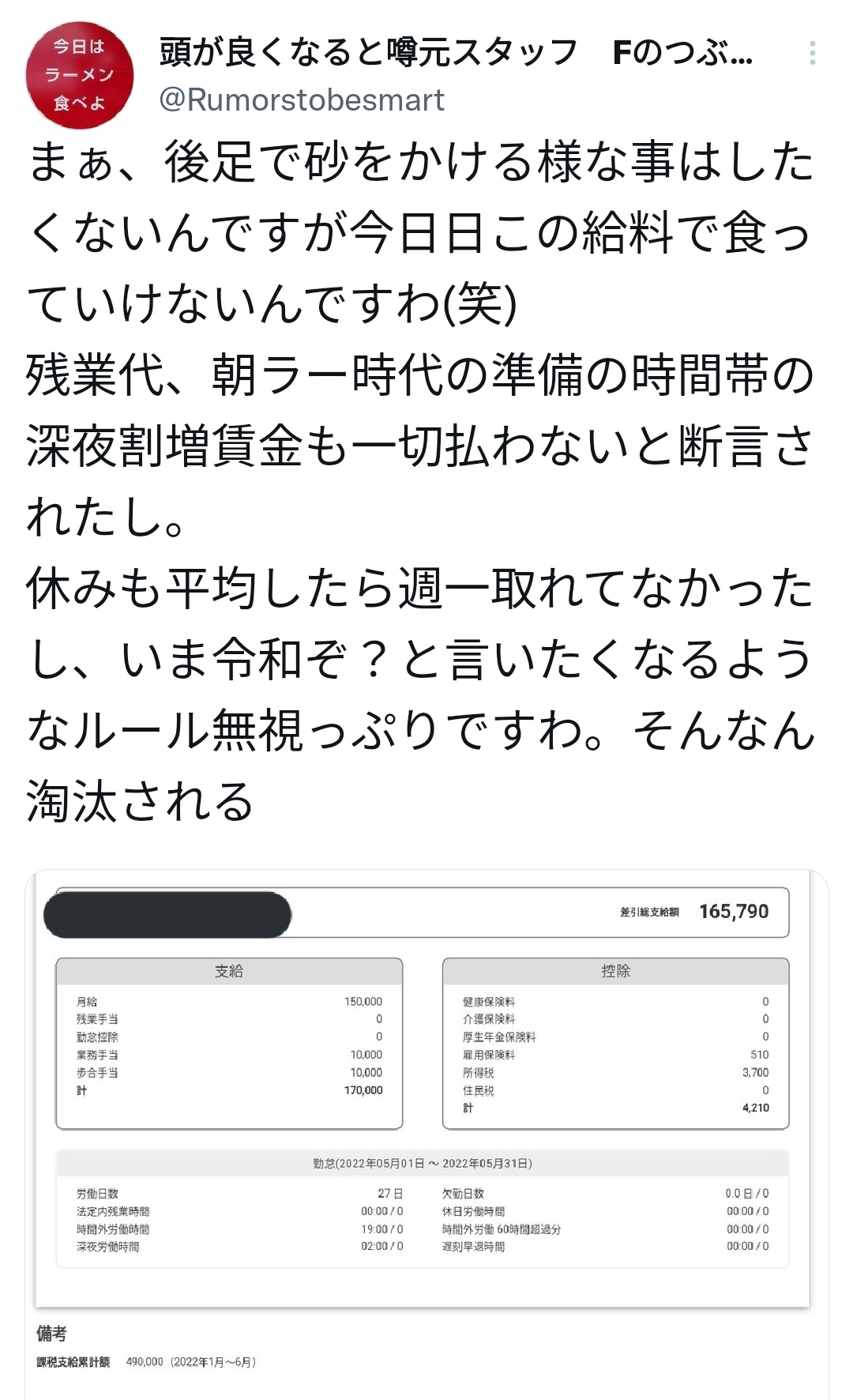 個人ラーメン屋店員の給与明細がヤバすぎる\n_1