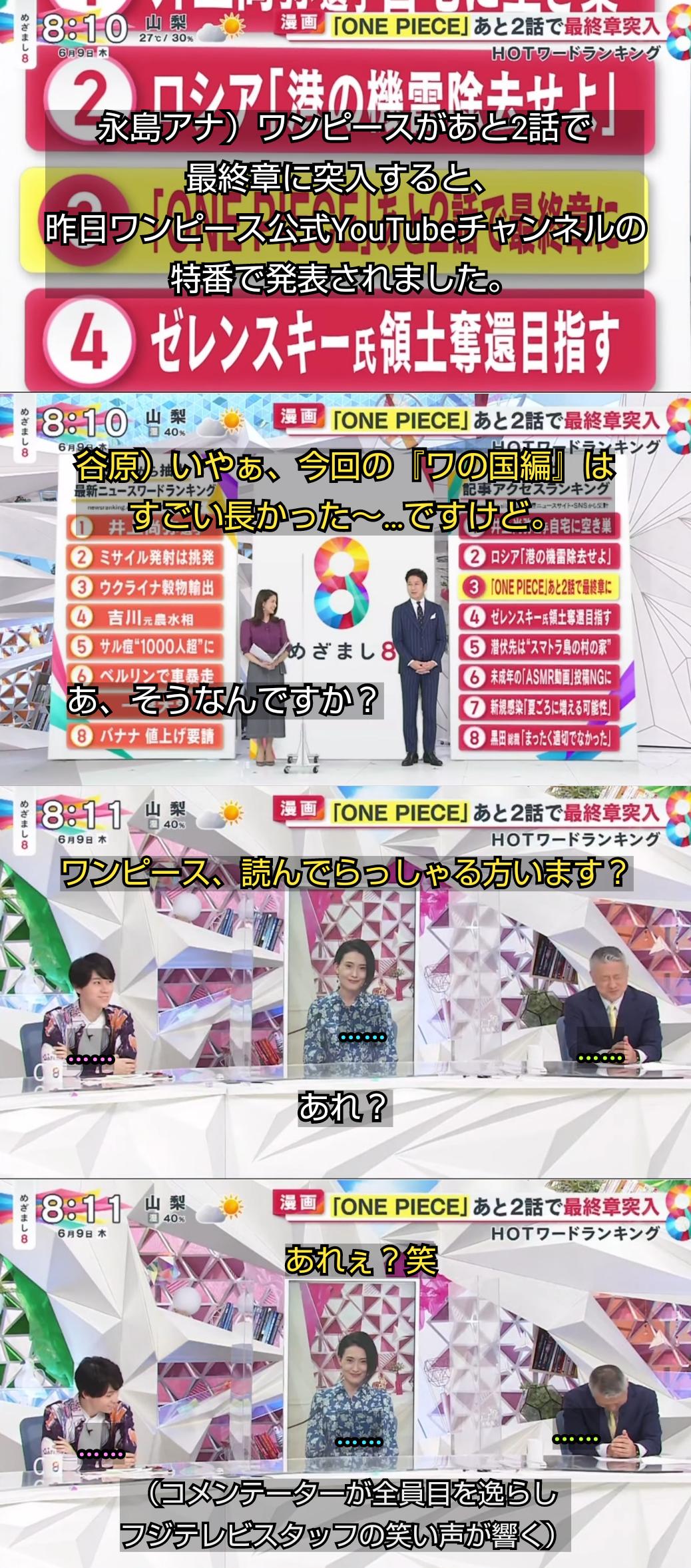 フジテレビ「ワンピース、読んでる方います？」コメンテーターたち「……」「……」\n_3