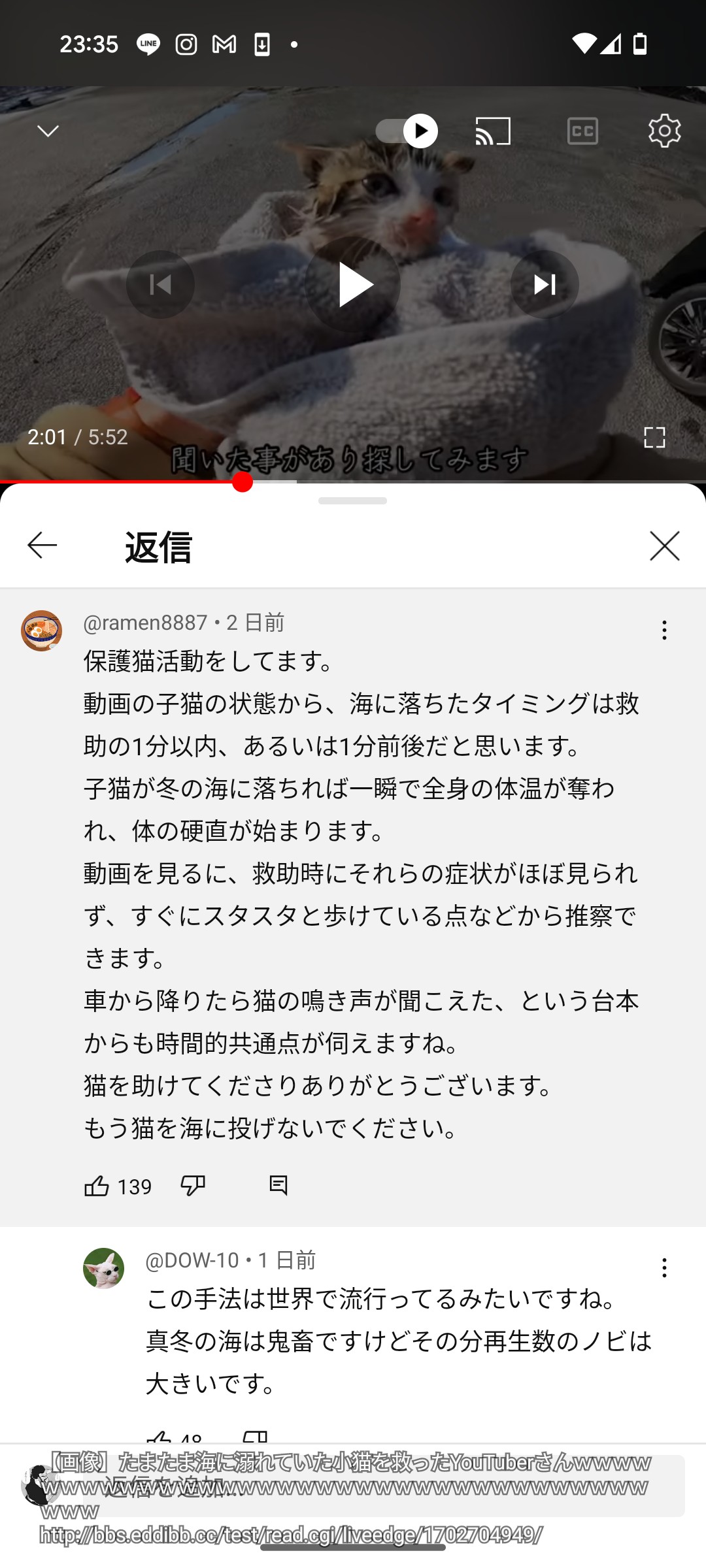 【朗報】海で溺れていた子猫を助けたYouTuberさん、再生回数がほぼ100倍になる \n_1