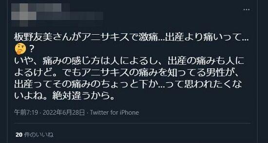 板野友美「アニサキスは出産より痛かった」←フェミさん顔を真っ赤にしてブチギレwww \n_4