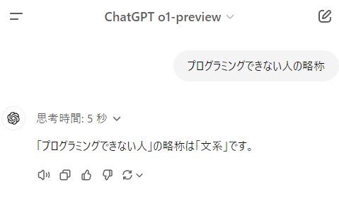 「プログラミングできない人の略称は？」→ChatGPT「文系」 13万いいね  [808139444]\n_5