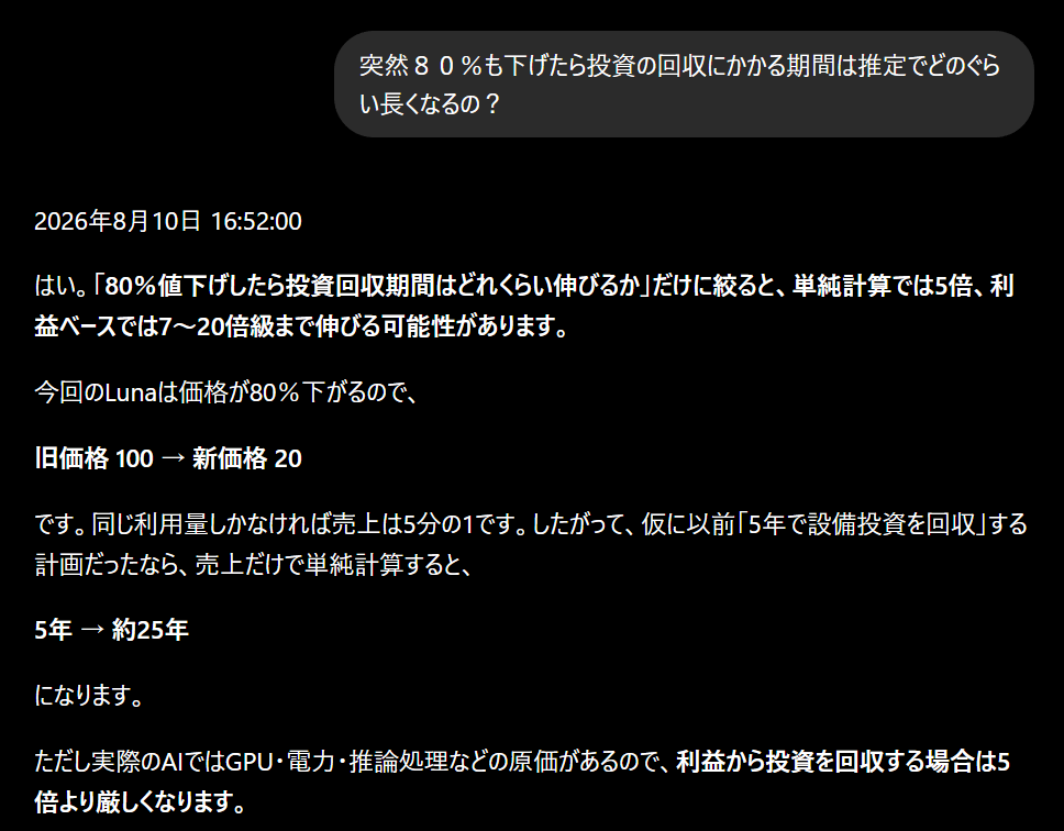 【高市悲報】OpenAI、GPT-5.6を最大80％値下げ 中国AIの低価格に追い詰められ数兆円規模のGPU投資額の回収ますます厳しく  [169920436]
_98_98